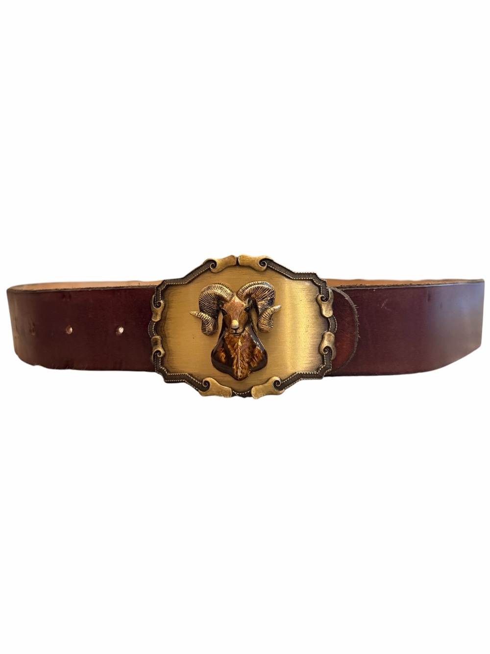 Vintage 70’s Leather Raintree Belt Brass Big Horn Ram Buckle Made In USA Western